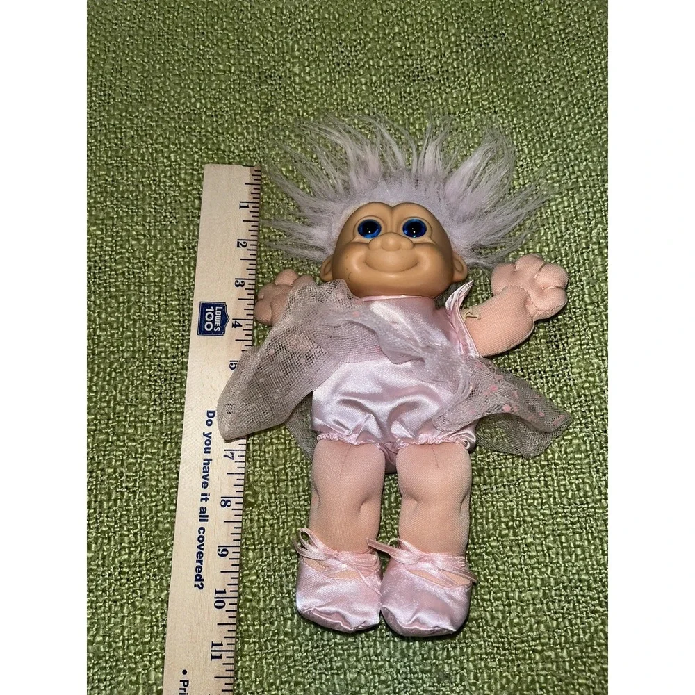 Vintage Russ 80s Troll Doll Ballerina Pink Fishnet Tutu Dress Pink Hair Blue Eye